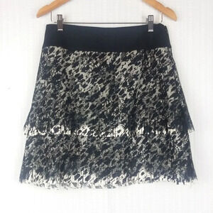 ANN TAYLOR | Black White Lace Print Fringed Skirt 6